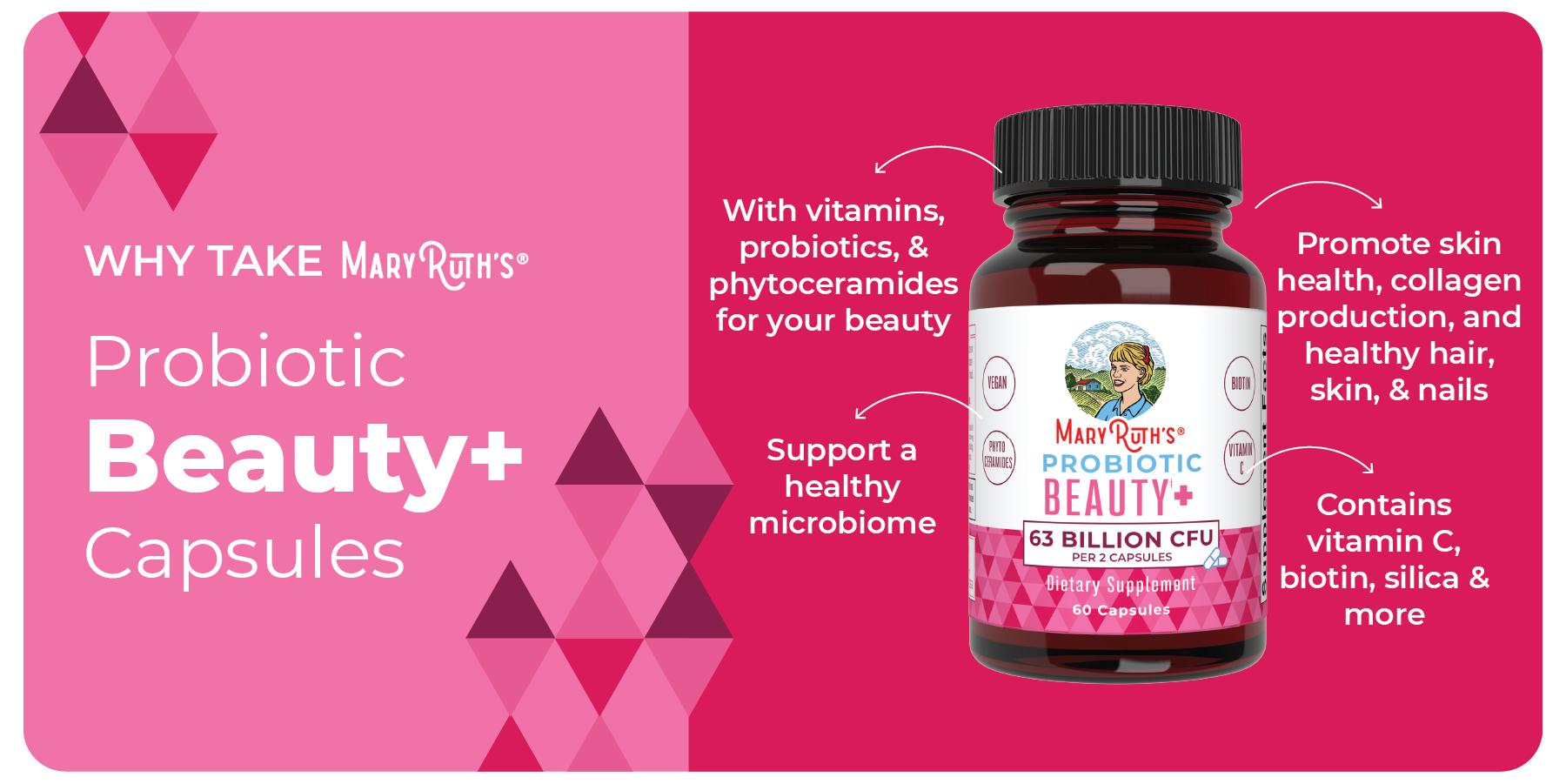 MaryRuth's Probiotic Beauty+ Capsules - Vegan Collagen Support - 1 Month Supply - Probiotic Capsules for Hair, Skin, and Nails - Vegan - 60 count