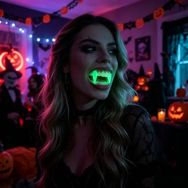 2 Pack Glow In The Dark Vampire Fangs Teeth Kit 17mm & 19mm Luminous Cosplay Fangs With 5ml Adhesive Glue Tweezers Instruction Sheet For Halloween Costume Party Cosplay Horror Makeup Prop