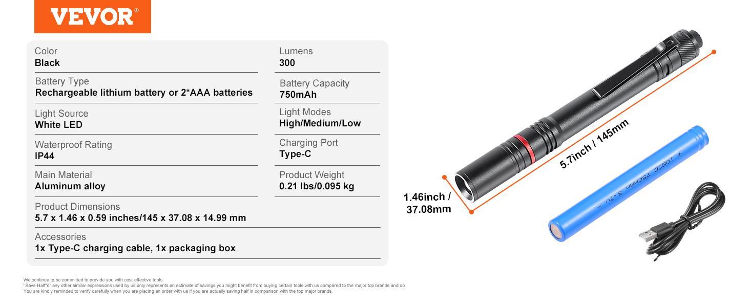 VEVOR 5.9 Inch Rechargeable Penlight 300 lumens 3 Lighting Modes Pocket Penlight