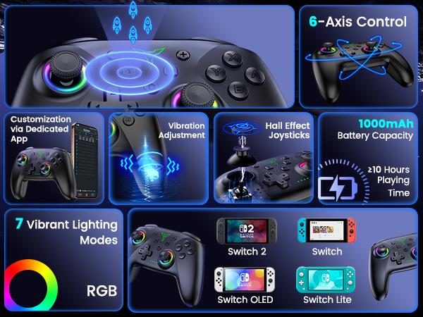 Switch 2 Pro Controller, 1000mAh Battery, Wireless Bluetooth Controller with Hall Effect Joysticks & Triggers, for Switch2/Switch/Switch OLED/Switch Lite, with 7 Light Modes/Paddle/Turbo/Motion/Charging Dock