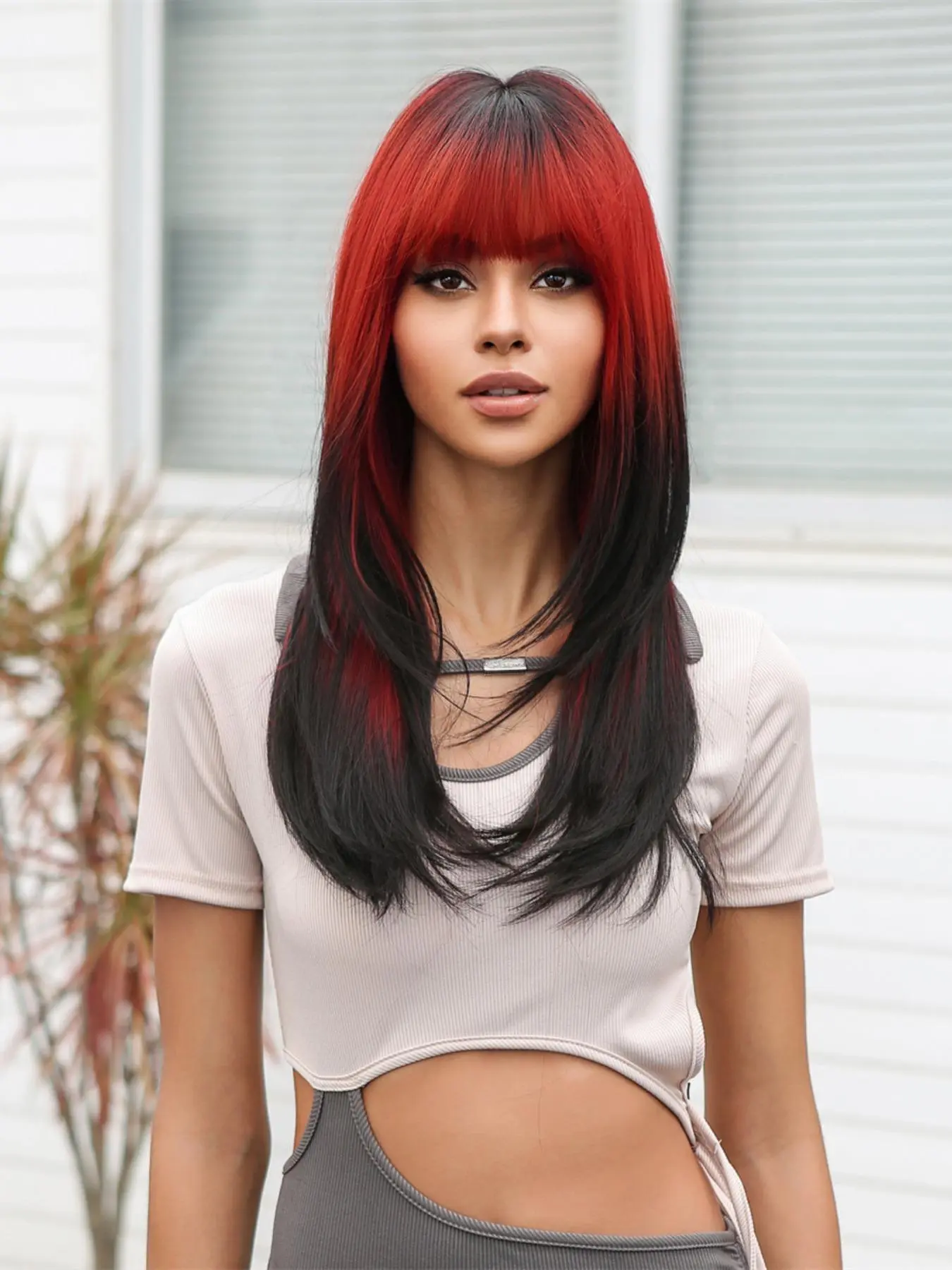 Women's Ombre Red to Black Straight Synthetic Full Machine Made Wigs, Synthetic Fiber Wig As Valentine's Day Gift for Girlfriend, Fluffy Synthetic Wigs with Bangs for Lovers Day Decor, Party, Cosplay