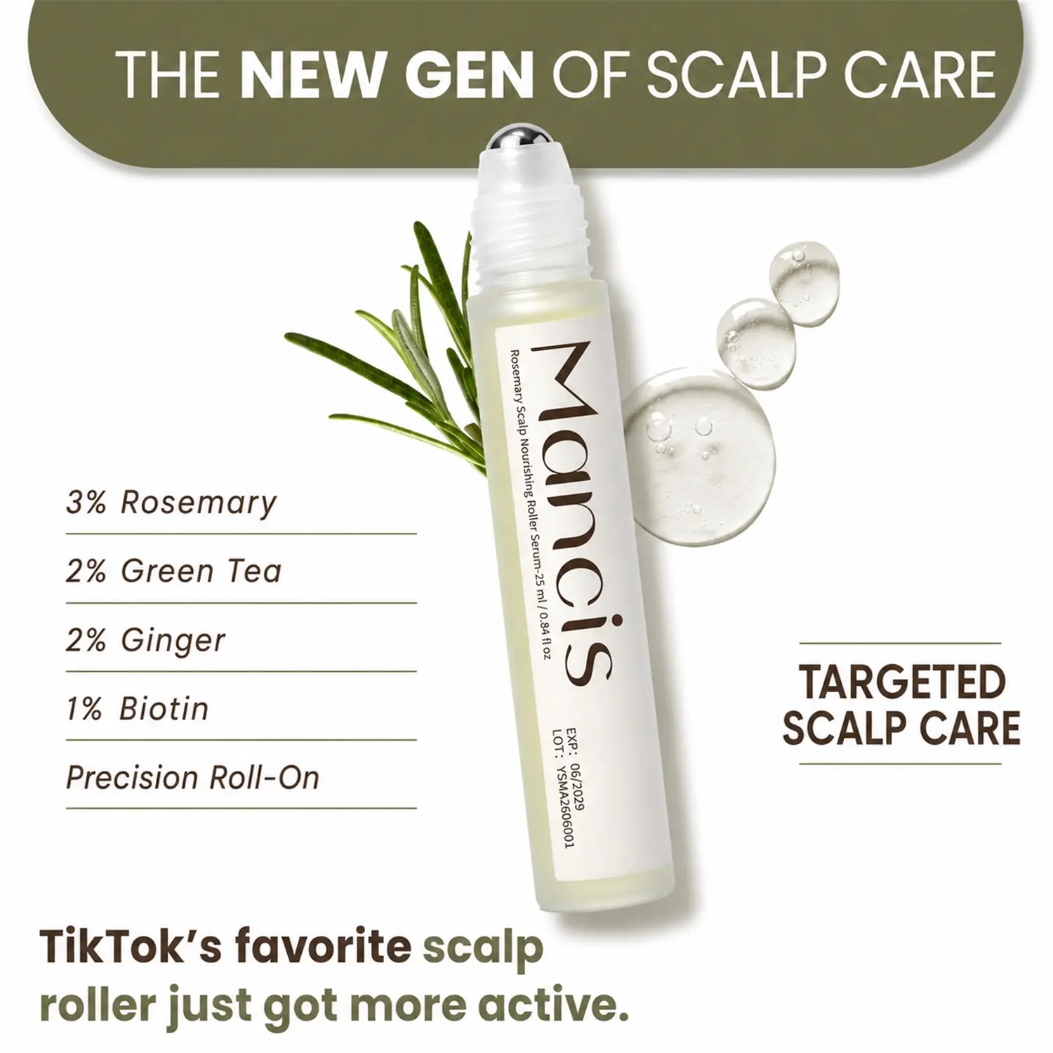 Mancis Ice-Cooling Alloy Rollerball Hair Growth Serum (25ml) - Haircare, Herbs Formula Energizing Density Therapy with Rosemary, Ginger & Aloe Vera, Scalp Massager, Roots Strengthening Treatment for Men & Women, Herbs Formula Scalp Care,, Healthy Scalp Ca