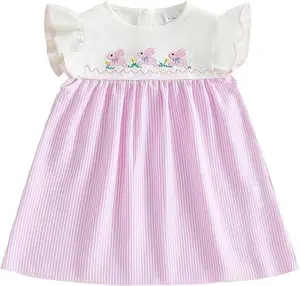 Toddler Baby Girl Easter Dress Bunny Embroidery Color Block Plaid Print Flutter Sleeve Dress Infant Spring Outfit
