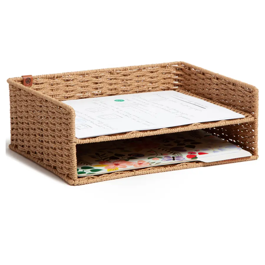 U Brands UBR6085U0106 2-Tier Handwoven Woven Paper Tray, Brown Traditional Texture Durable Home Office Organizer, Letter-Size Document Storage, Natural Weave Organizer