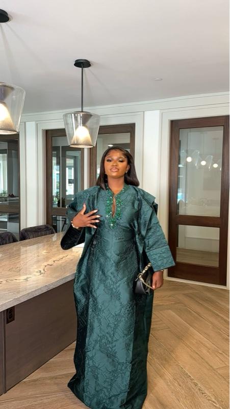 Elegant luxury brocade dress embellished with beautiful appliqué design for occasion, unique design for women