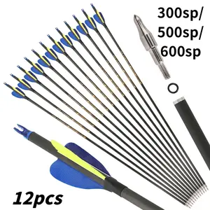 12pcs pure carbon arrow 300sp/500sp/600sp id6.2mm with arrow target head composite bow recurve bow arrow archery training novice veteran general purpose