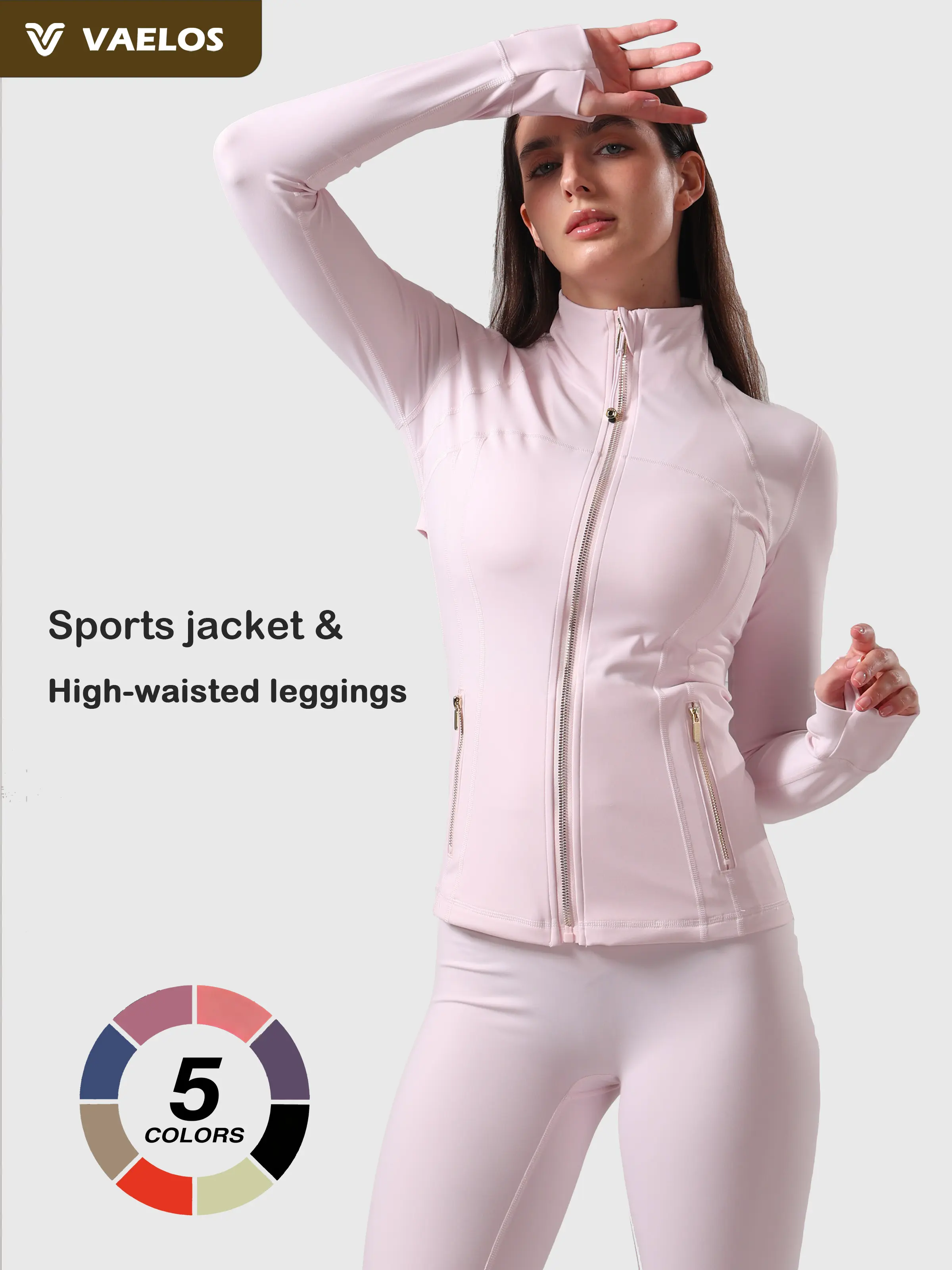 Gold Zipper Women's Sports Jacket Matching Leggings Set - Slim Fit, High Stretch, High Waist, Thumb Holes, Pockets, Yoga Gym Workout Clothes