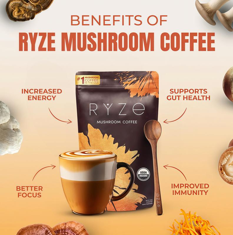 2 Pack RYZE Mushroom Coffee USDA Organic with 6 Adaptogenic Mushrooms and MCT Oil  CD, USA Grown Instant Coffee for Better Energy, Focus,Digestion, lmmunity with Turkey Tail, Shiitake,Lion's Mane, 30 Servings