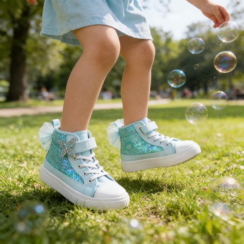 Toddler Sneakers for Girls Boys Canvas High Top Kids Fashion Sparkle Sequins Bow Shoes Running Walking Casual Shoes with Cute Sparkling Butterfly Design