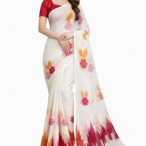 Dhaka Print Saree with Fall and Pico  - White Fabric Featuring Colorful Floral Patterns
