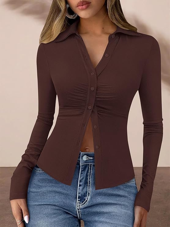 PrettyGarden Womens' Button Down Shirts V Neck Collared Ruched Slim Fit Long Sleeve Shirt Casual Fall Fashion Ladies Tops