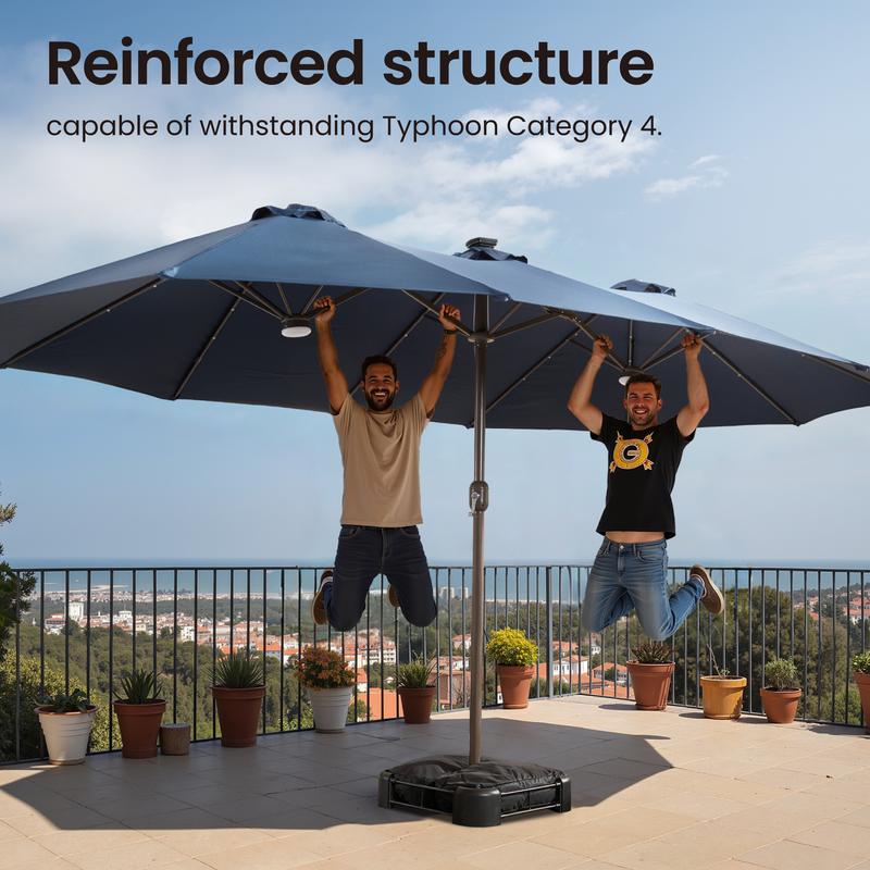 【Rainbow Lighted Umbrella & Table】Ovios 15ft Double-Sided Patio Umbrella with Solar Lights & Umbrella Hold Table, Outdoor Large Umbrellas with Crank Handle and 36 LED Lights, Rectangular Market Umbrella with Base Included for Deck Pool Shade