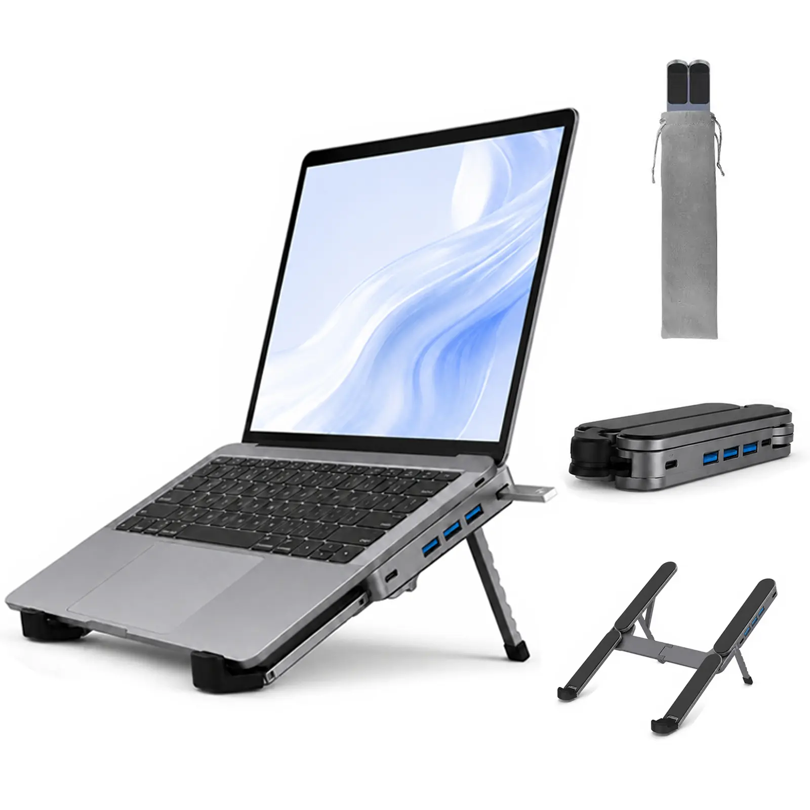 Gunmetal Laptop Stand with Foldable USB Hub, Adjustable Ergonomic Desk Riser, Multi-Port Expansion for MacBook, PC, Tablets & Travel Use,Father's Day Gift