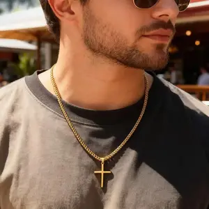 Silver and Gold Tone/14K Gold Plated Easter Basket Stuffers Mens Cross Necklaces with 3mm Chain and Stainless Pendant, Double Cuban Chain 18-24 Inches