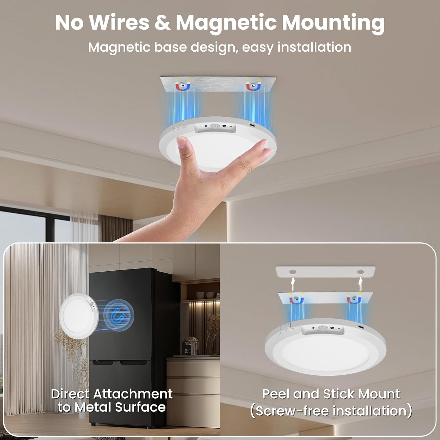 3 Packs Rechargeable Motion Sensor Ceiling Light - USB charging, Magnetic Wireless Light with 3 Adjustable Color Lighting Options & Remote, Modern Light for Closet, Shower, Stairs, Shed, Hallway, Porch & Patio, Multi-Scene Use, Easy Installation