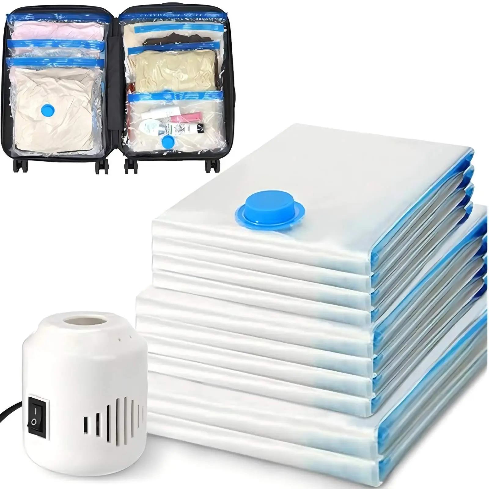 Vacuum Storage Bags, 10 Pack Travel Kit in Assorted Sizes with Electric Pump for Clothing, Reusable Space Saver Compression Organizers
