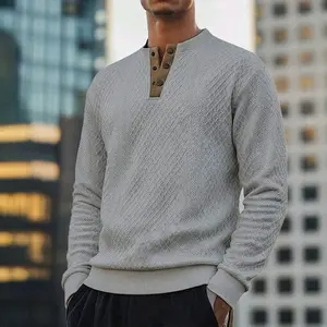 Men’s Everyday Henley Crewneck Pullover Top - Diamond Quilted Check Pattern, Soft Lightweight Fabric, Essential for Casual and Light Business Outfits