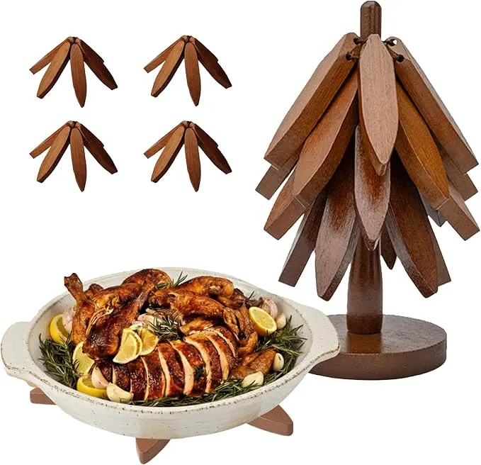 4-Piece Original Grain Solid Wooden Trivet Set with 1 Storage Stand - Heat-Resistant, Foldable, Stable, No Need to Flatten, Durable Home Organizer, Coasters for Drinks, Kitchen Tableware Accessory for Hot Dishes, Pots