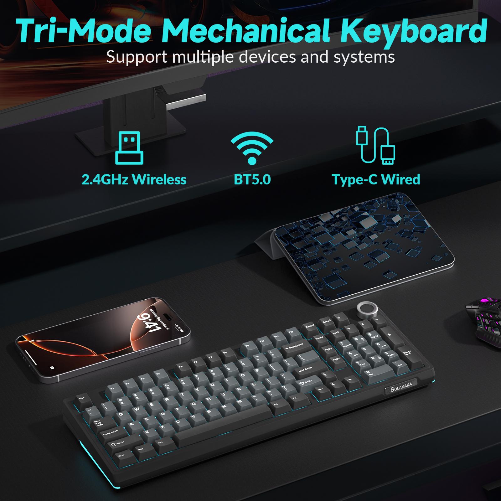 SOLAKAKA KI99 Pro Silent Wireless Mechanical Keyboard Feather Switch Hot Swappable RGB Backlit Gasket Structure Tri-Mode Gaming Keyboards BlackBlue