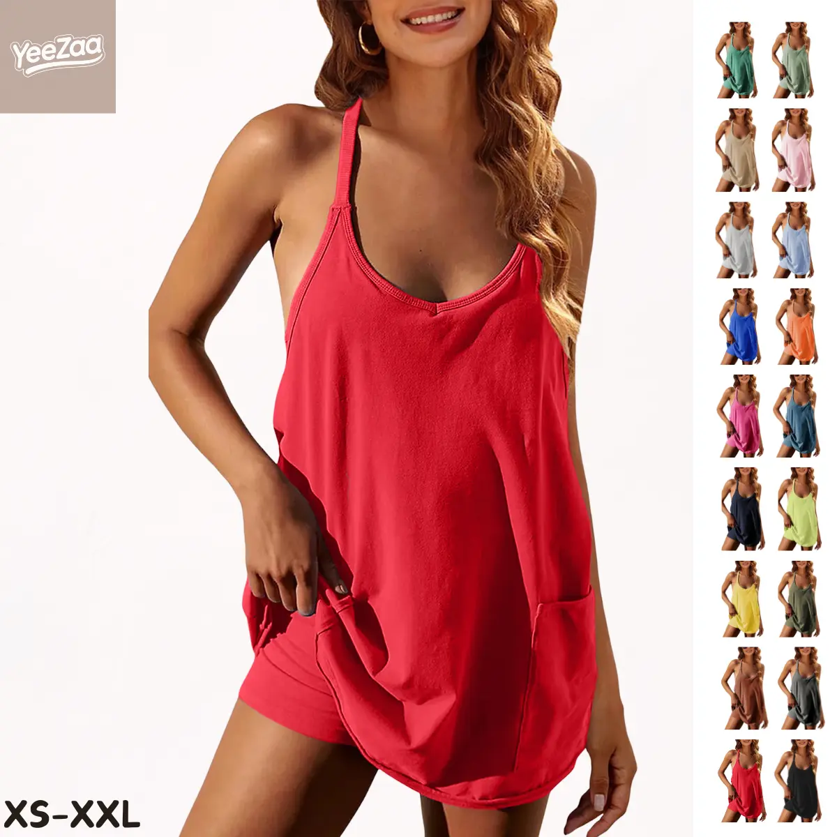 YeeZaa Women's Athletic Mini Dress 4th of July Holiday with Built-in Shorts 2026 Summer Tennis Workout Active Sports Mini Romper Dress V Neck Spaghetti Strap Sundress Travel Vacation Clothes Sleeveless
