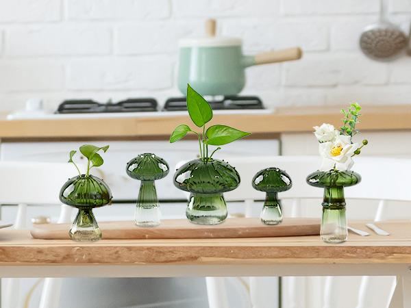 Mushroom Glass Vase, Set of 5, Dopamine Decor Hand Blown Glass Bud Vase for Flowers Indoor Planters for Women Spring Room Decor