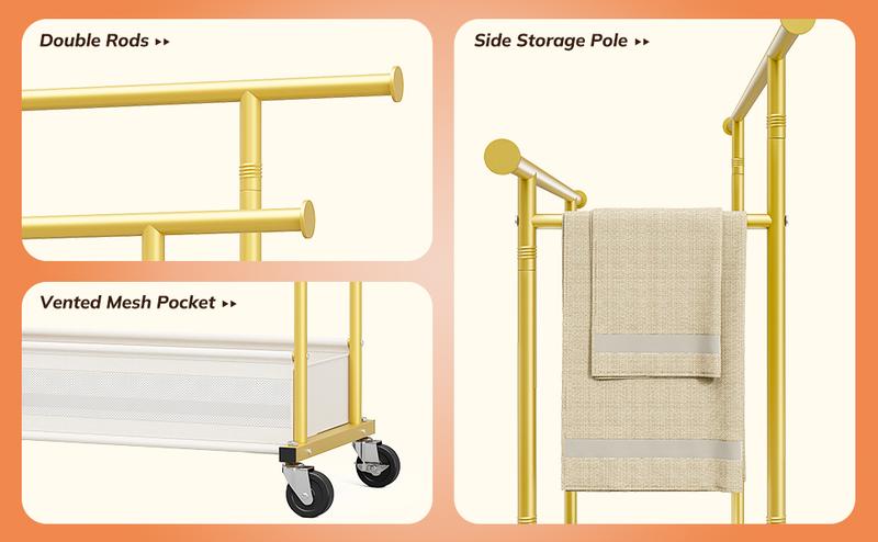 Raybee Double Hanging Rod Clothes Rack with Net Pockets, 3 in 1 Metal Clothing Rack with Wheels, Portable Rolling Garment Rack, Closet Rack for Bedroom, Apartment, Laundry Room, Bantique, Gold, Black, White