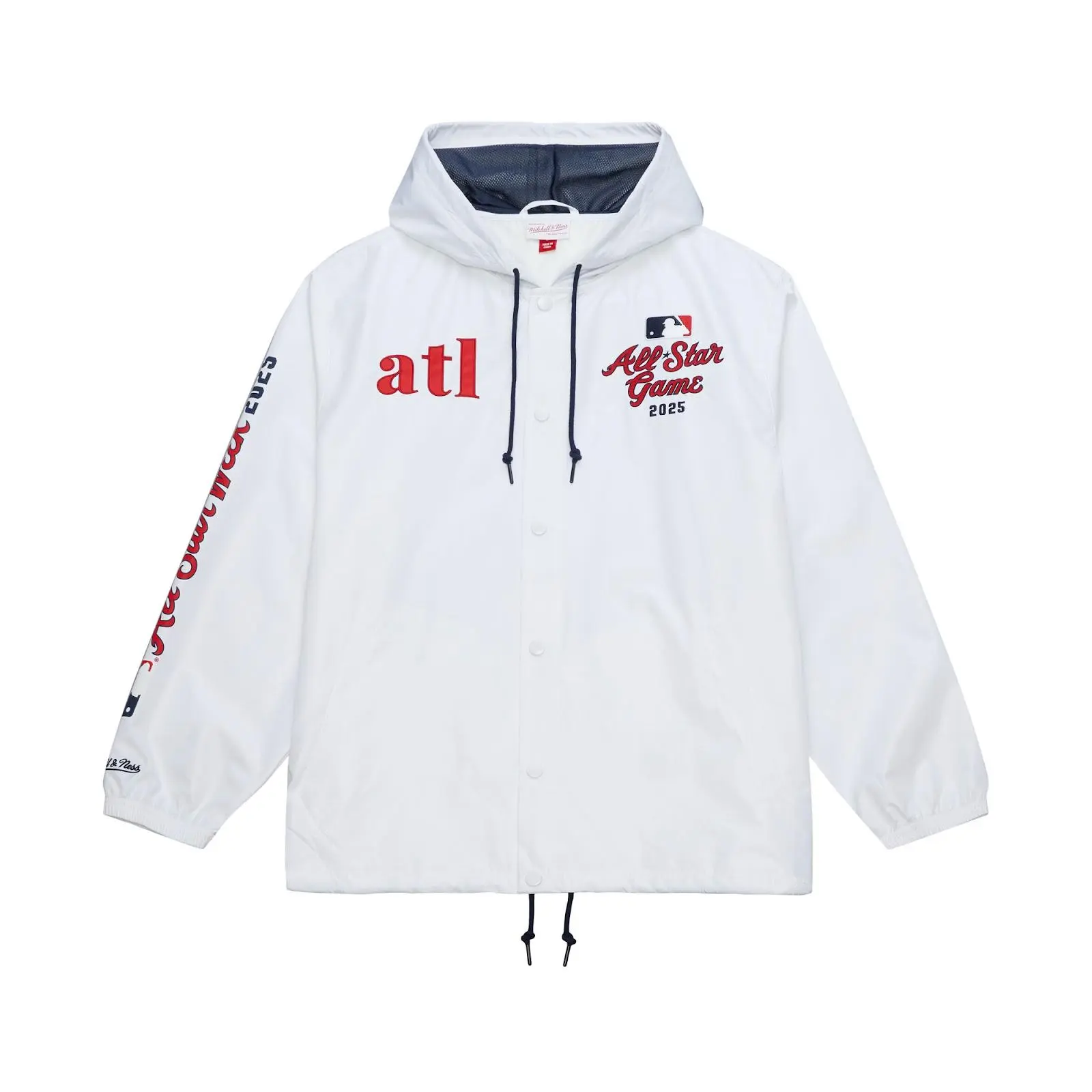 Mitchell & Ness MLB Men's 2025 All-Star Game White Coaches Full-Snap Hooded Windbreaker Jacket, Menswear Long-Sleeve Ribbed Classic Fleece Outerwear