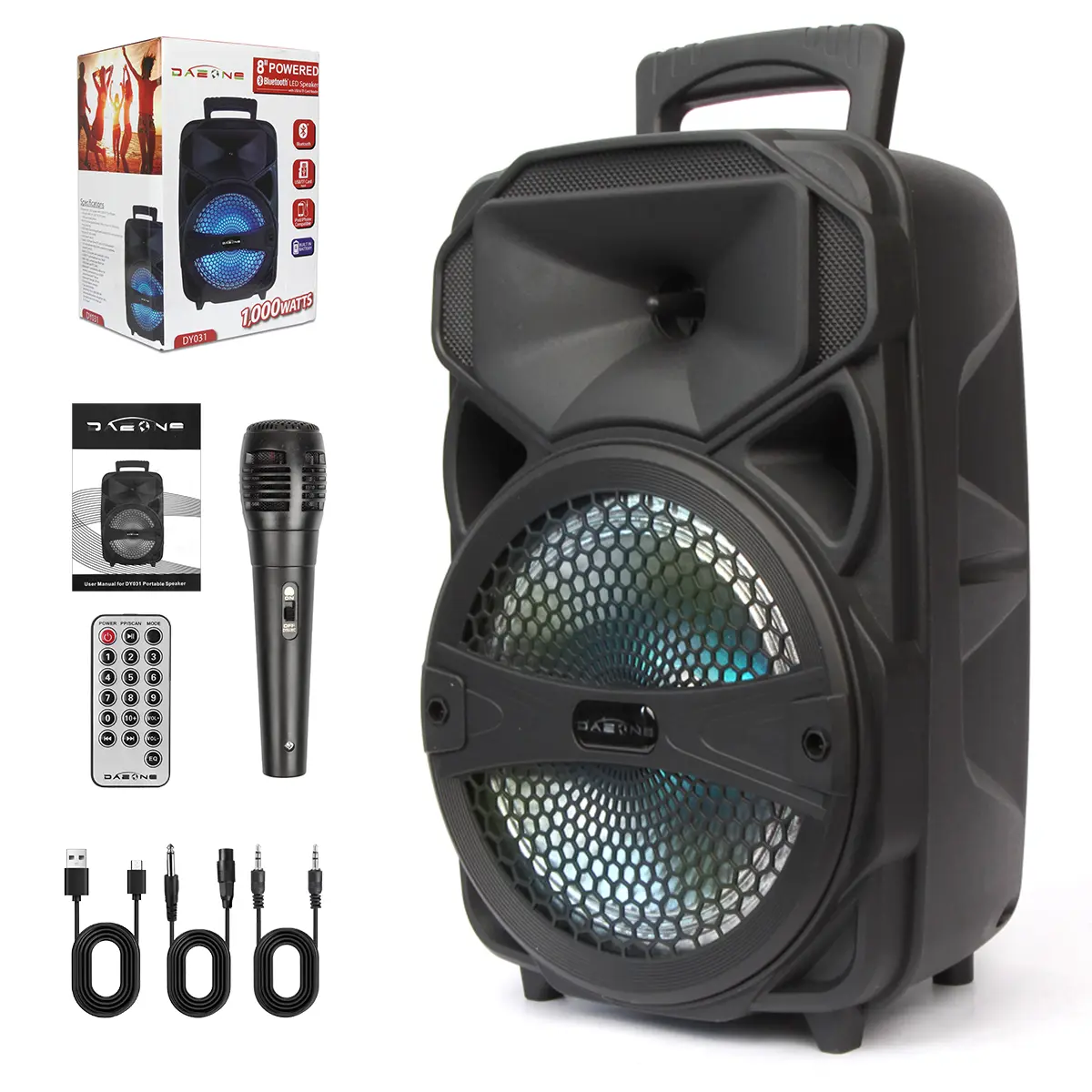 Portable Wireless Stereo FM Radio Bluetooth Party Speaker with 8-in Subwoofer, LED Lights, Microphone, Remote Control, USB Cable, Karaoke Support for Smartphones, Mobile & Card Devices