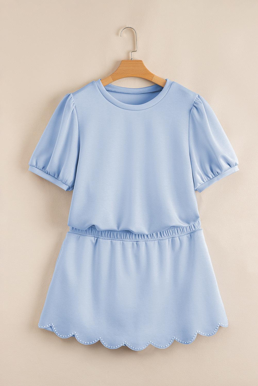 Mntaor Women's Beau Blue Puff Sleeve Pearl Embellished Scallop Trim Skort Set Sweet & Chic Outfit for Beach Vacations Brunch Dates & Casual Day Trips Mntaor Women's Beau Blue Puff Sleeve Pearl Embellished Scallop Trim Skort Set Sweet & Chic Outfit for Beach Vacations Brunch Dates & Casual Day Trips
