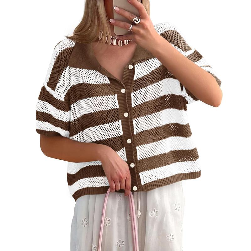 Cicy Bell Womens Summer Striped Crochet Cardigan Sweater Half Sleeve Button up Tops Loose Fit Cover Up