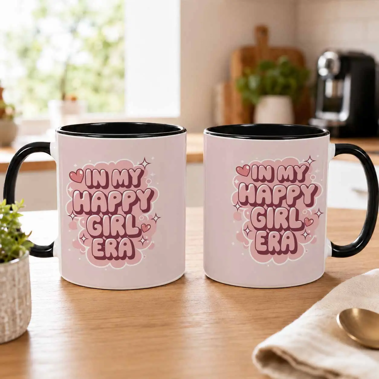 In My Happy Girl Era Ceramic Mug (11oz/15oz)， Pink Aesthetic Sparkle Heart Typography Print， Dishwasher Safe Sturdy Handle Comfortable Grip， Perfect for Office Desk Home Coffee Morning Motivation Birthday Gift