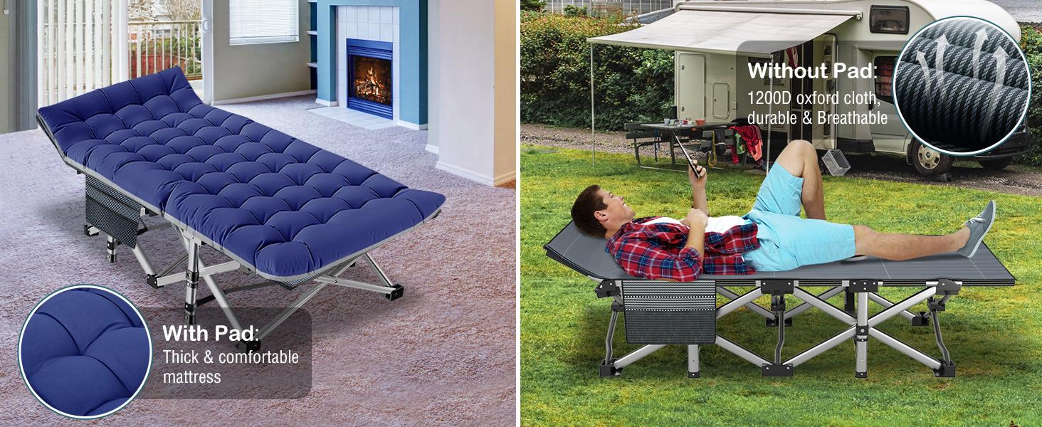 Naudacaa Folding Camping Cot with 2-Sided Mattress – Heavy-Duty, Portable Guest Bed for Camping, Travel, Outdoor & Indoor Use, Supports up to 880 lbs Blue