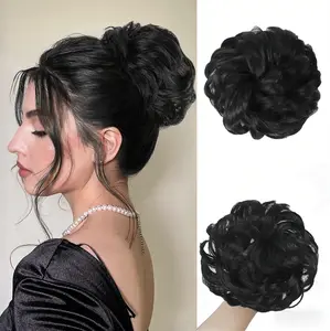 2PCS Large Messy Bun Hair Piece Wavy Curly Scrunchies Synthetic Chignon Ponytail Hair Extensions Thick Updo Hairpieces for Women Black