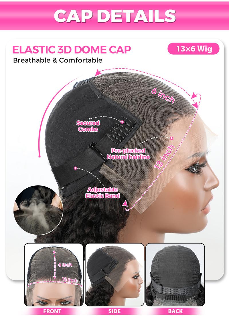 [Clearance Sale] CurlyMe Bleached Knots 13x6 Swiss Lace Water Wave Hair Lace Front Wigs Pre-plucked Natural Black 180% Density Lace Frontal Wig