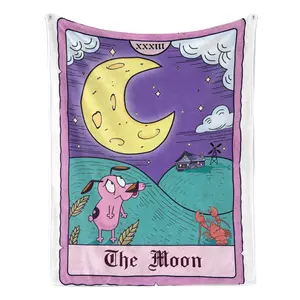 Courage the Cowardly Dog The Moon Tarot Card Flannel Fleece Blanket – Whimsical tarot-style design featuring Courage under a glowing crescent moon, blending retro cartoon charm with mystical vibes, perfect for fans and cozy, spooky nights