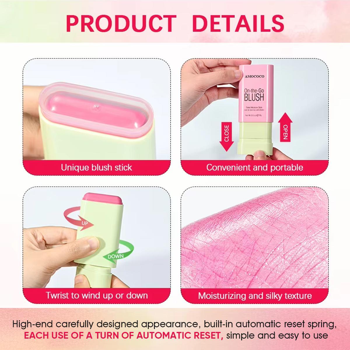 On-the-Go BLUSH Tinted Moisture Stick for Flawless Look - Long Lasting Liquid Blusher with Moisturizing Formula - Natural Shades for Cheeks & Eyes