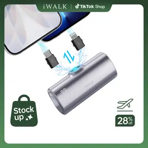 iWALK 5000mAh LinkPod X Mini Portable Charger with USB-C & Lightning Plugs, 20W Fast Charging, LED Display, Protective Silicone Shell for iPhone 16/15/14, Samsung, AirPods - Silver Power Bank