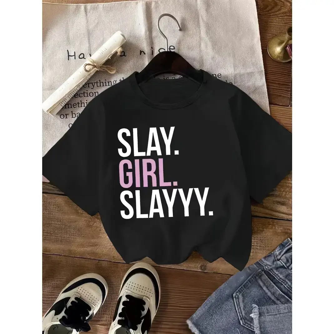 Soft Polyester Girls' Short-Sleeve T-Shirt | A-Z Monogram Letter Prints, Round Neck Summer Blouse | Machine-Washable for Playdates & Casual Attire | Comfortable Regular Fit Teen Clothing