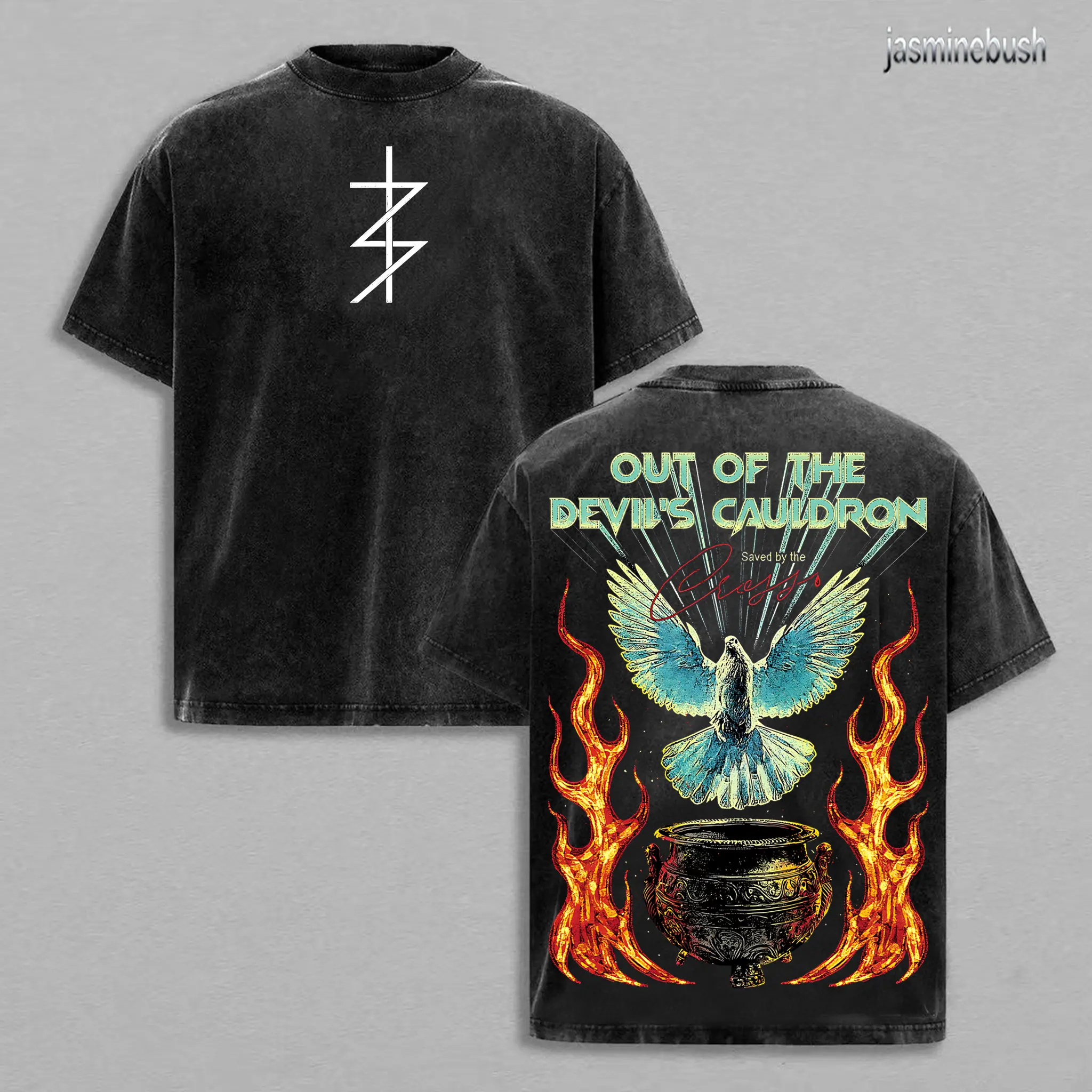 Faithcore Tee – Washed Black Oversized Shirt, Fire & Dove Graphic
