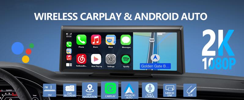 【Hieha】Wireless CarPlay Screen with 2K Dash Cam, 8.1" Portable Touchscreen Car Stereo with CarPlay & Android Auto, 1080P Backup Camera, Voice Control, Bluetooth, Mirror Link, GPS Navigation