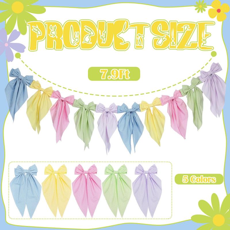 Easter Bow Garland Pastel Fluffy Tulle Satin Bow Banner Bunny Ear Plaid Pink Bow Garland Cute Hanging Wreath Garland for Mantle Fireplace Wall Door Mantel Decor, Spring Indoor Outdoor Home Table Backdrop Easter Decor 2026 Festive Party Supplies & Gifts