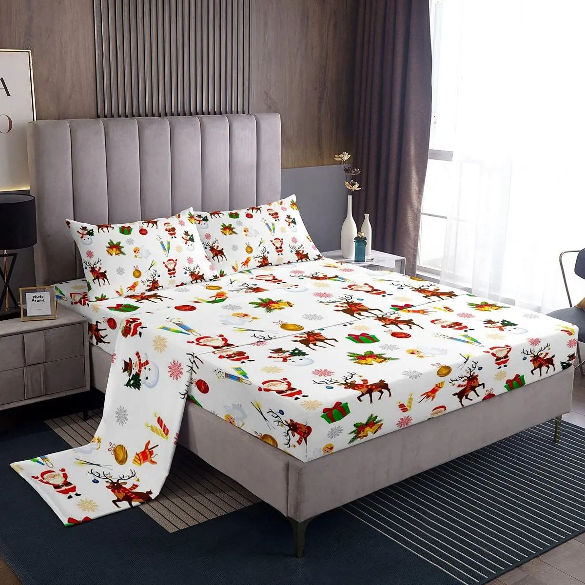 Christmas Bedding Sheet Set - Cute Cartoon Snowman, Santa Claus, Reindeer, Christmas Bell Designs, Breathable Microfibre Bedsheet Sets, Machine Washable, King/Queen Sizes for Bedroom Use, Bedding Set