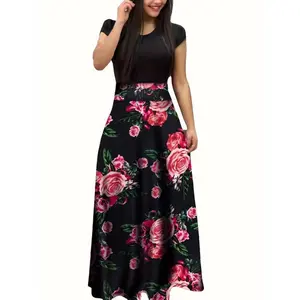 Floral Print Splicing Dress - Elegant Crew Neck Short Sleeve Pleated Maxi Dress - Polyester - For Women - Suitable for Parties, Weddings & Casual Occasions - Perfect Gift for Her Fit Womenswear