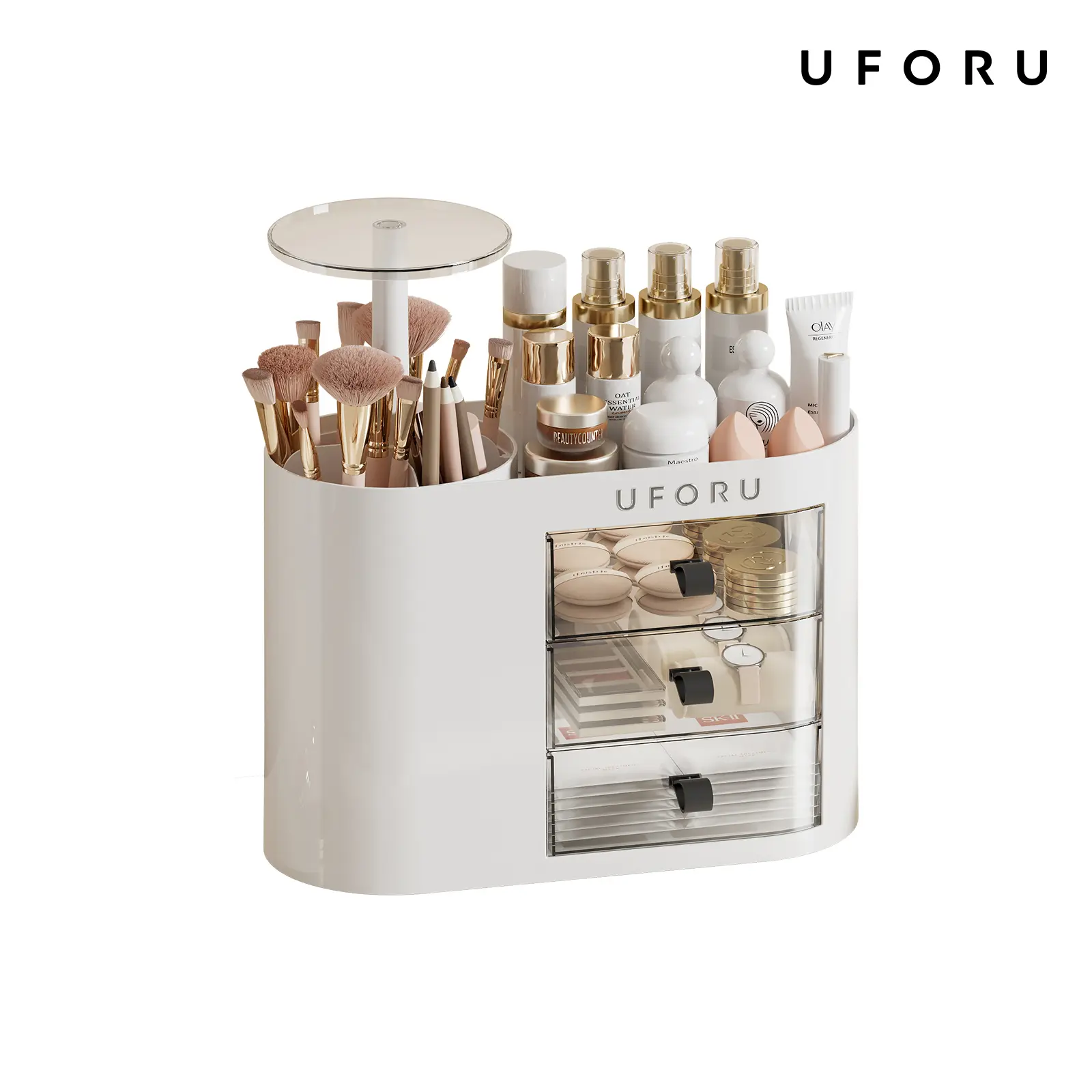 UFORU Makeup Organizer with Drawers for Vanity, 4 Slot Brush Holder with One Touch Open,Spacious Cosmetic Storage for Dresser Vanity and Bathroom Countertop,Beauty Holder for Lipstick Skincare jewelry organizer makeuporganizer White Boxes