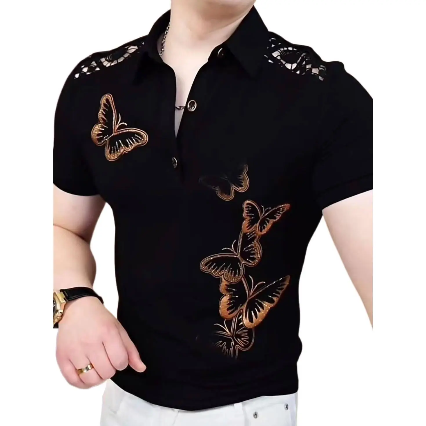 Men's Luxury Custom Embroidered Polo Shirt - Menswear, Gold Butterfly Embroidery, Plain Shortsleeve, Slim Fit Casual Summer Top, Custom Embroidered Polo Shirts