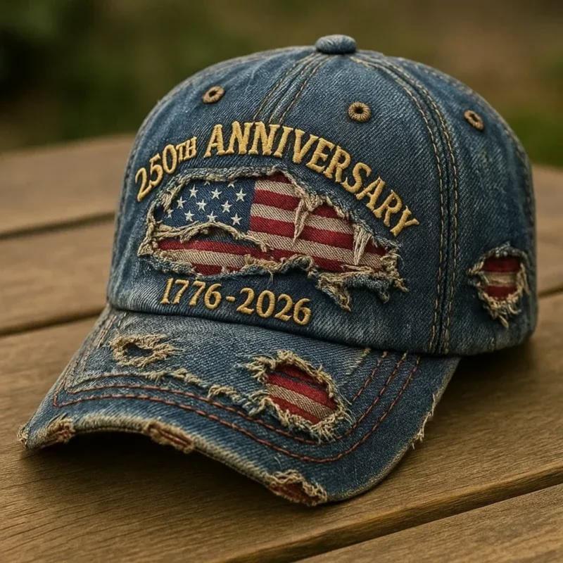 250th Anniversary Baseball Cap, USA 1776-2026, Patriotic Fashion Casual Style, Pairs well with ripped jeans and embroidered map of the United States.