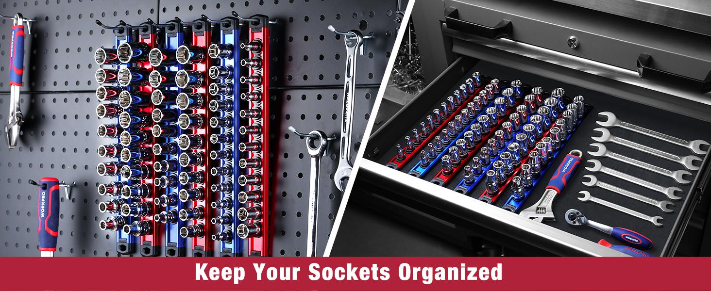 #JumpstartSale WORKPRO Magnetic Socket Organizer, Drive Aluminum Alloy Socket Rail, Heavy Duty Socket Holder, Socket Rack Kit