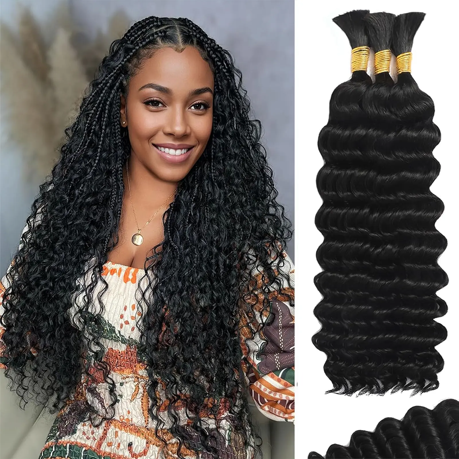 Human Braiding Hair For Boho Braids Deep Water Wave Bulk Human Hair for Braiding  Wet and Wavy Curly 100% Human Hair Extensions 3 Bundles 110g Natural Color 8-18inch For Boho Braids/Wedding/Party/Daily，Back to School