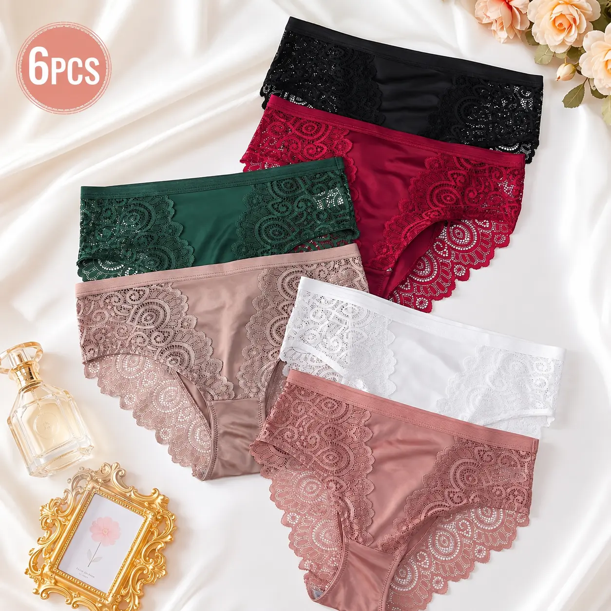 Women's 6pcs Lace Floral Cotton Briefs Set - Basic Comfortable, Breathable, Stretchy, Durable, Seamless Underwear for Adults, Wedding Use with Secure Fit, S-XL, Everyday, Soft, Breathable, Stretchy, Durable, Ultra-Soft, Ultra-Soft Fit