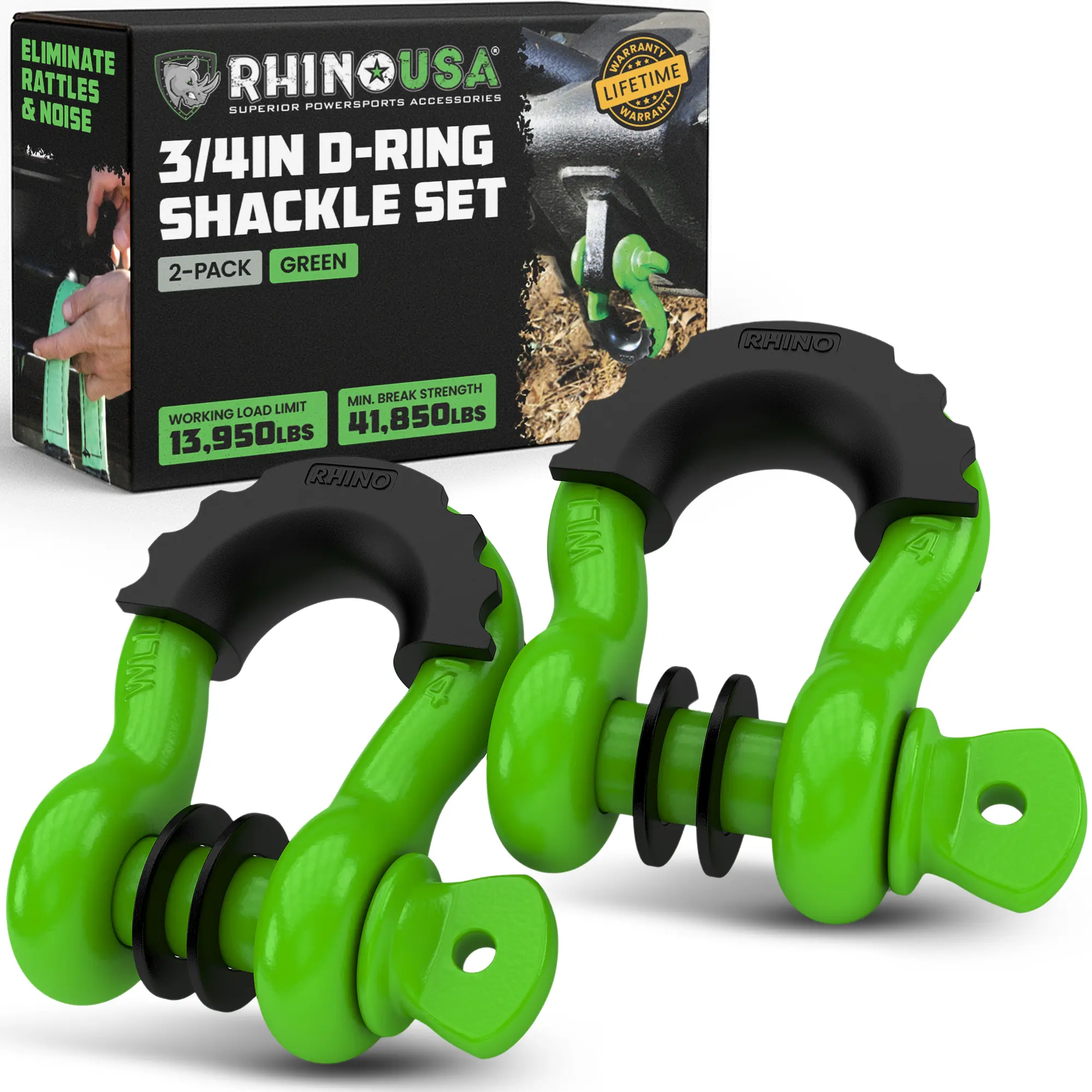 Rhino USA D Ring Shackles (2-Pack) - 41,850lb Break Strength – Heavy Duty 3/4" Clevis Shackle with 7/8 Pin for Towing & Off-Road Use - Pairs with Tow Strap for Vehicle Recovery